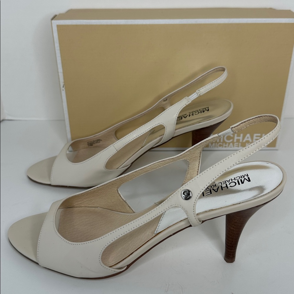 MICHAEL Michael Kors Women's Zoe Sling Peep Toe Heels Size 10M Vanilla Wood Heel - Picture 8 of 15